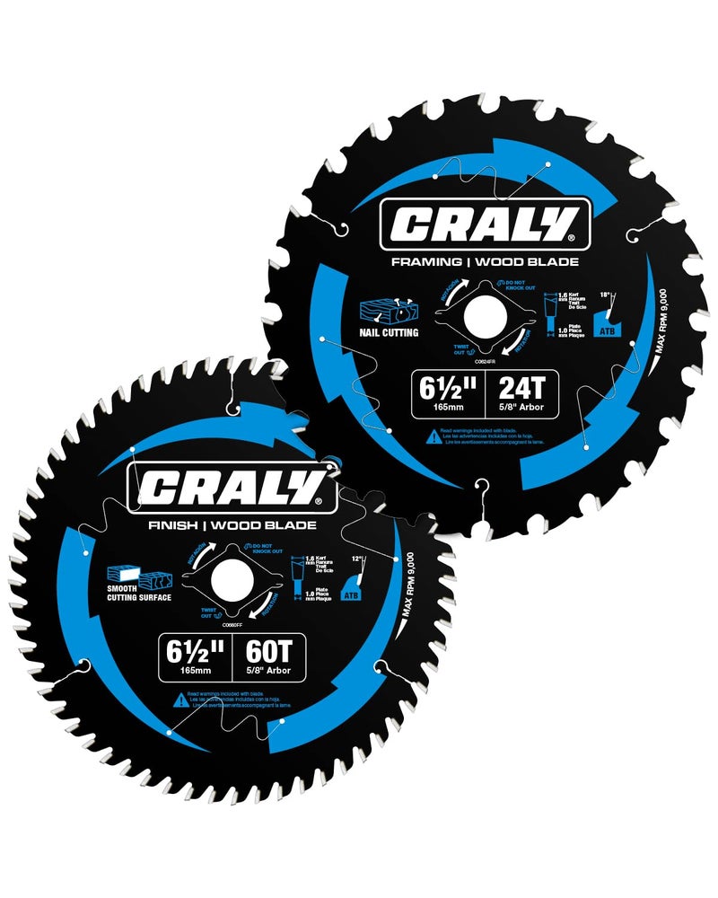 CRALY 6-1/2 Inch 24&60 Teeth Wood Cutting Framing/Fine Finish Circular Saw Blade, 5/8 Inch Arbor, Carbide Tipped, Thin Kerf, Black Ice™ Coating, for Plywood, MDF, OSB, Laminated, 2-Pack(C062460-2C) - Image 1